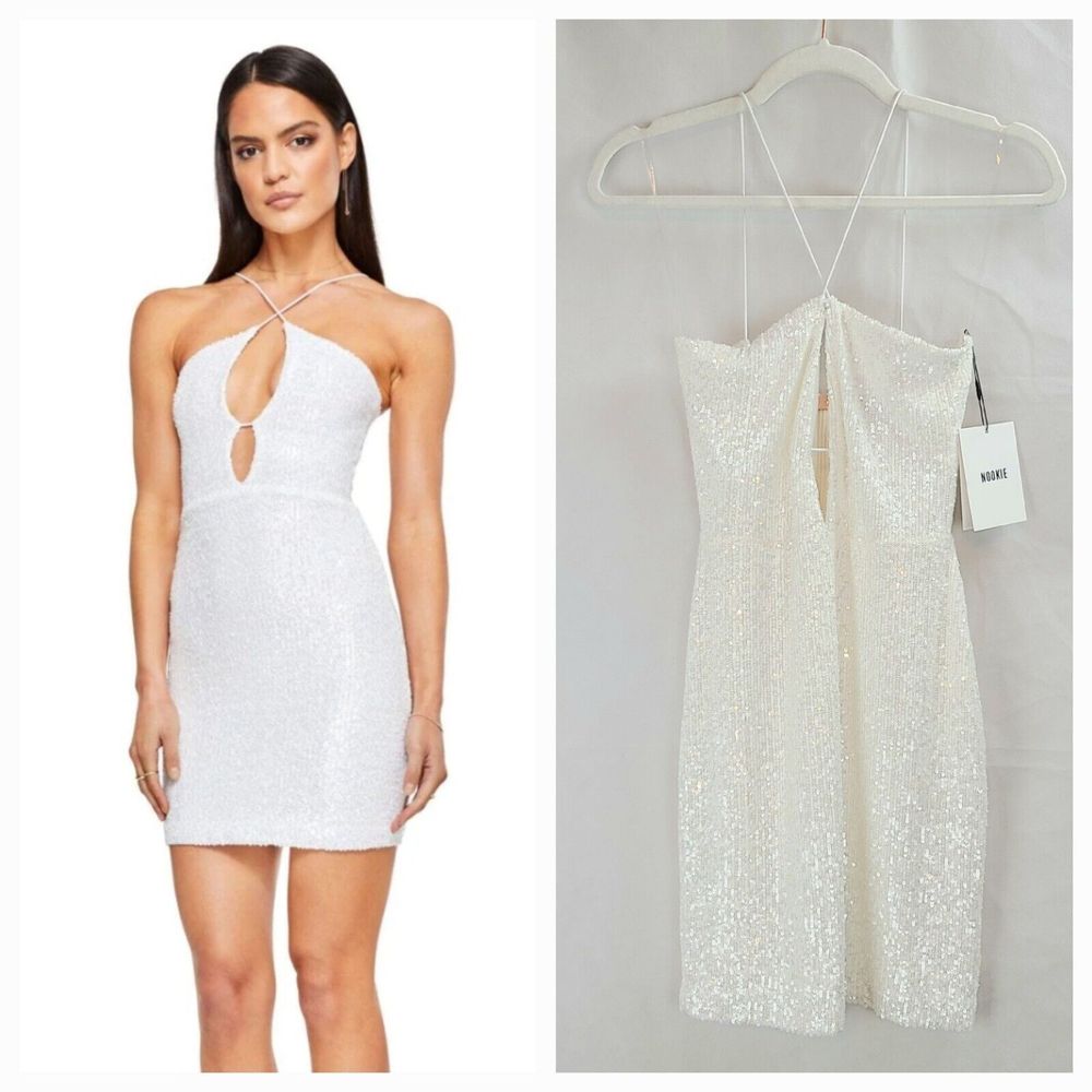 NWT Nookie Supreme Mini Women's (L) White Sequin Spaghetti Strap Mini Dress-$279